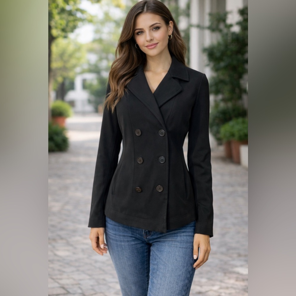 Ann Taylor Jacket Blazer 14 Black Classic Double Breasted Poly NWT Washable